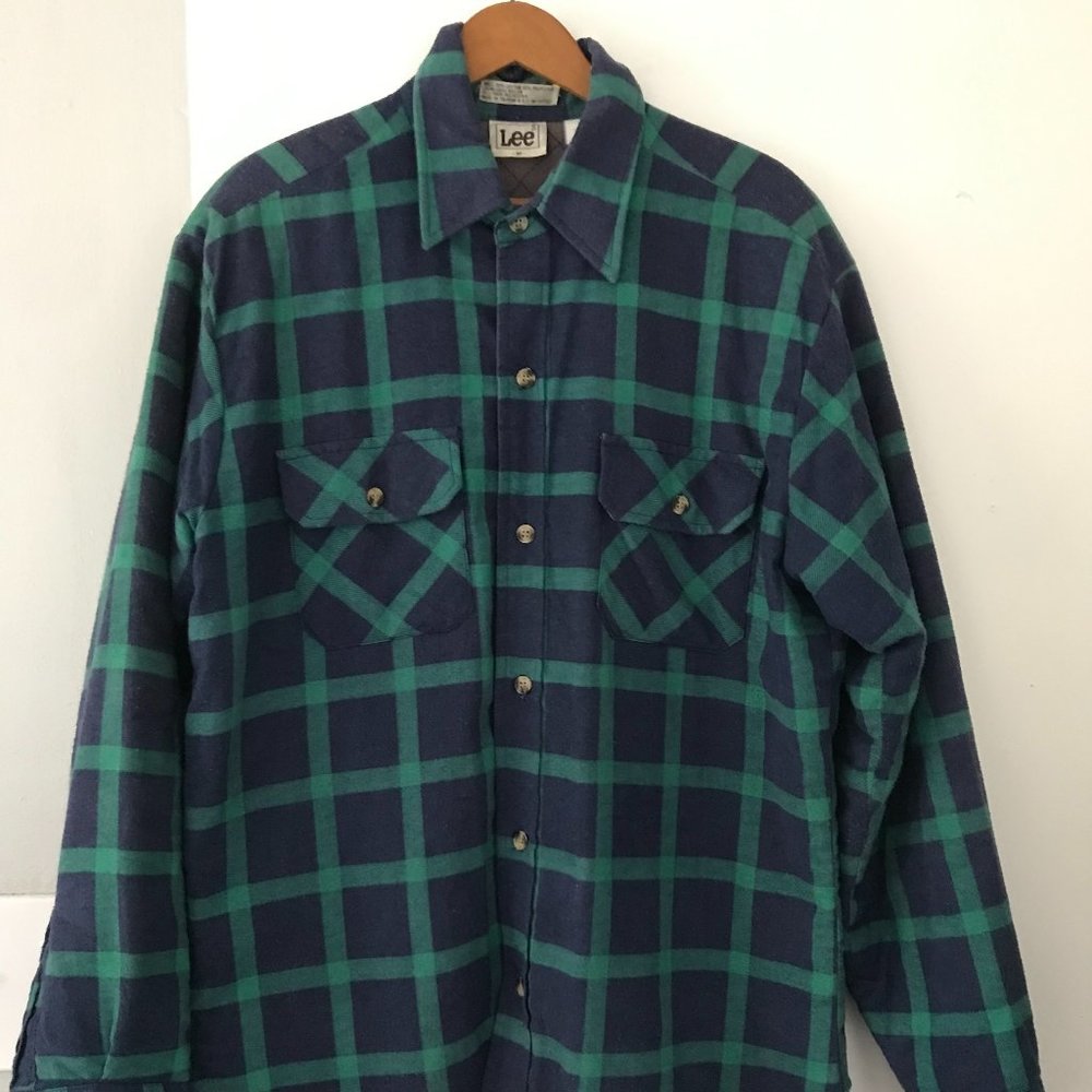 Vintage Lee Nylon Quilted Lined Green Blue Plaid Button-Up Jacket Size Medium